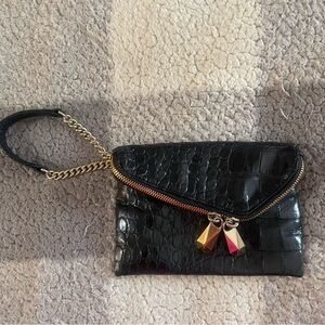 Henri Bendel Y2K Black Croc-Embossed Clutch with Gold Accents and wrist strap